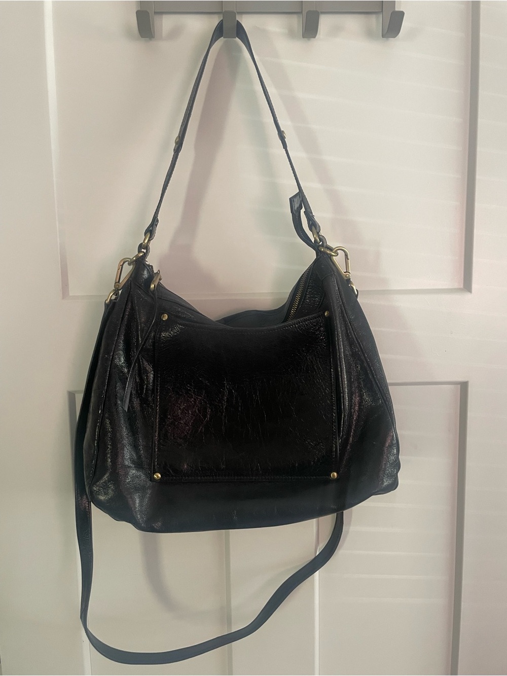 HOBO Black Leather Hobo Shoulder Bag with Brass Hardware